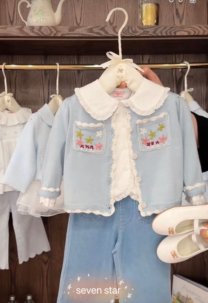 Blue Cardigan Embroidered Flower Long Sleeve Sweater