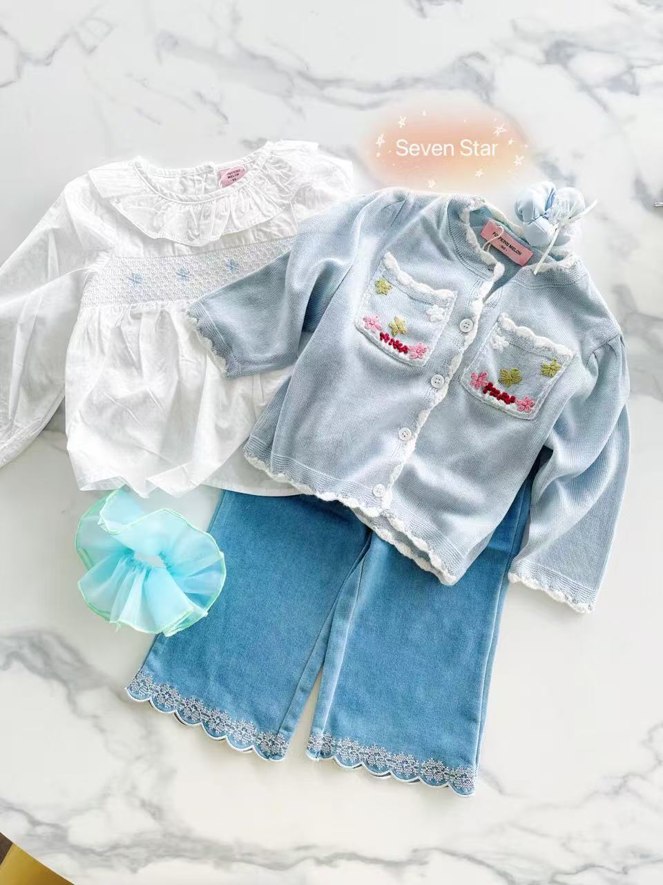 Blue Cardigan Embroidered Flower Long Sleeve Sweater