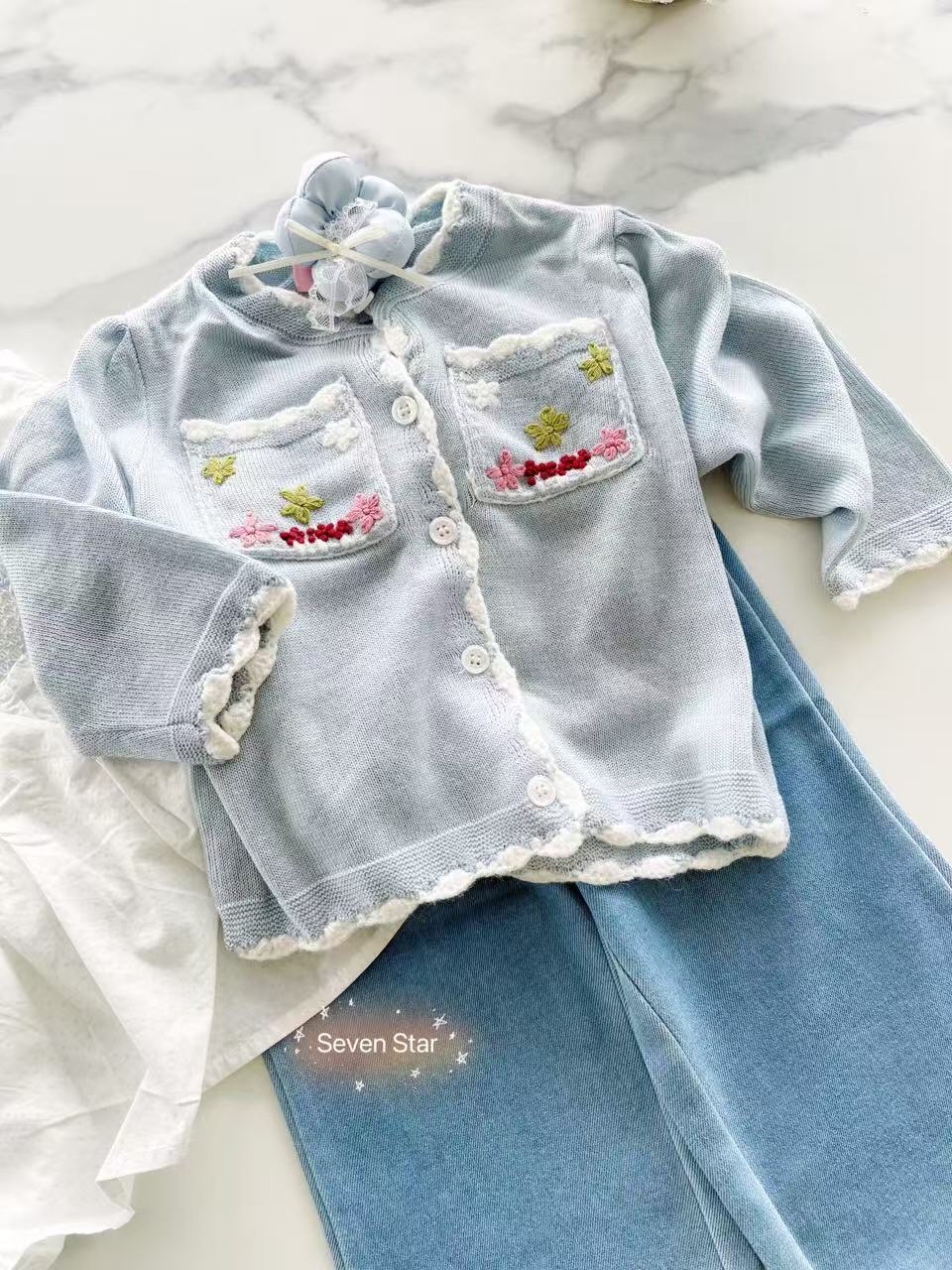 Blue Cardigan Embroidered Flower Long Sleeve Sweater