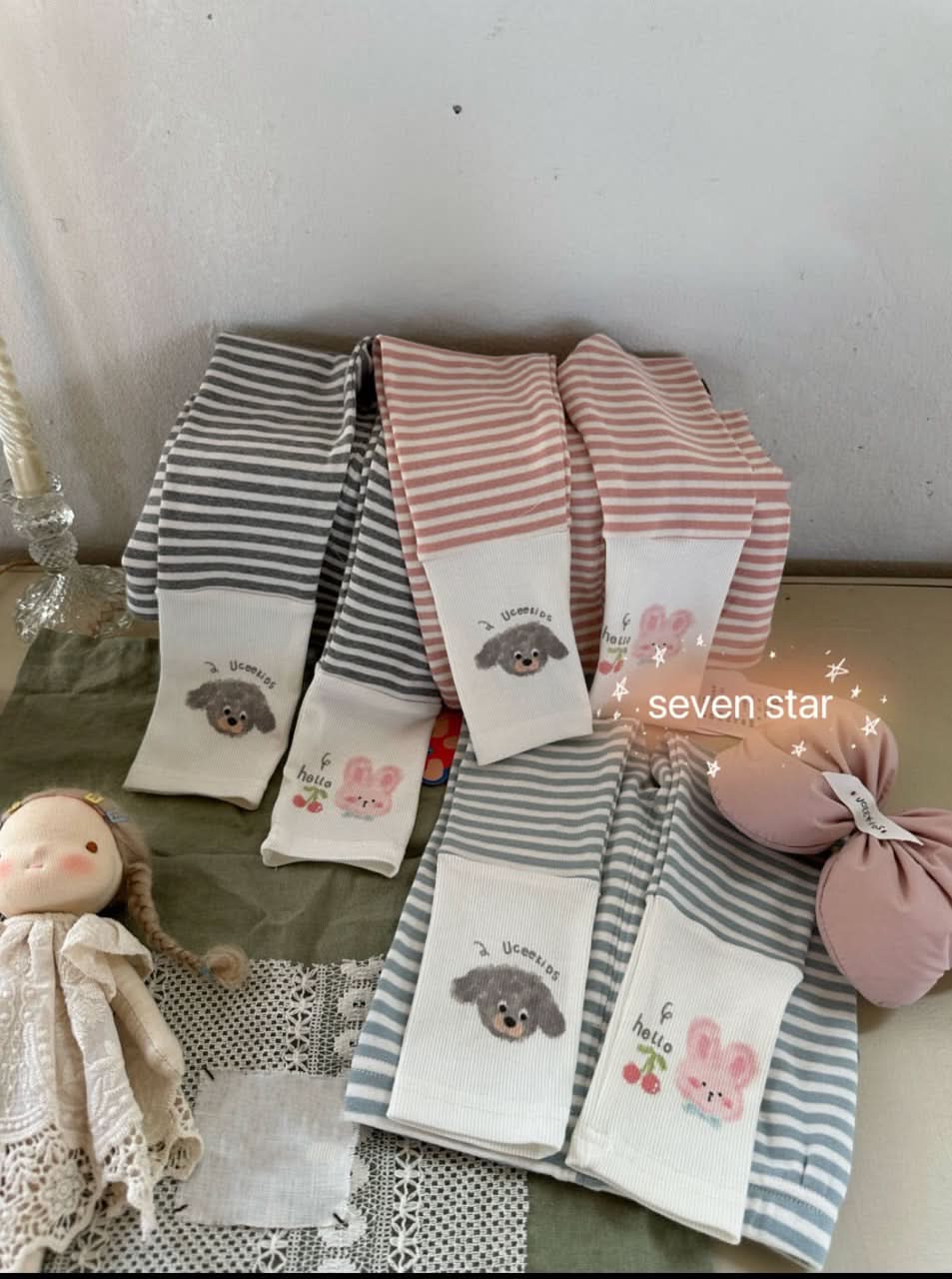 Puppy&Bunny Striped  girl Leggings-Blue