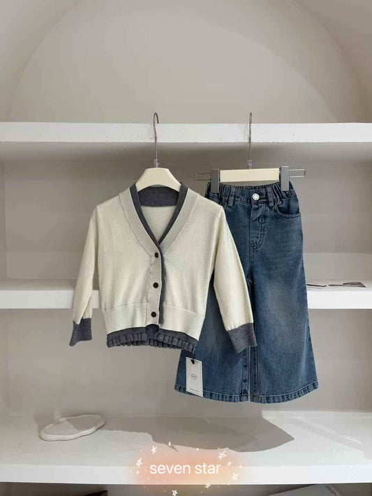 White V-neck Cardigan With Grey Decorated Layer FOR GIRL