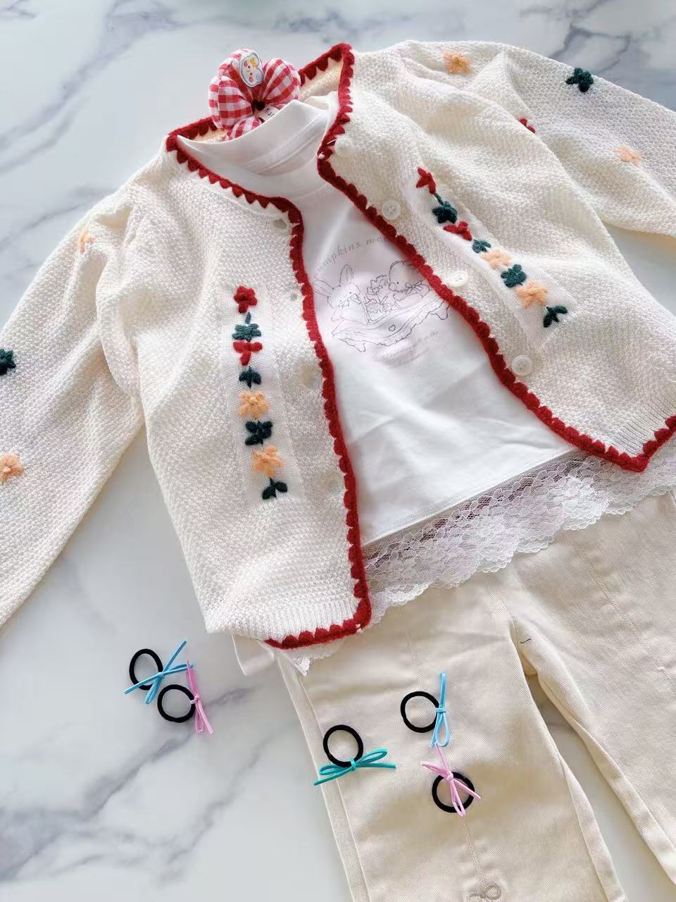 White Cardigan Embroidered Flower Long Sleeve Sweater