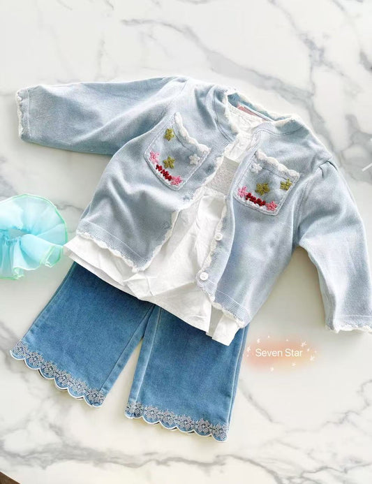 Blue Cardigan Embroidered Flower Long Sleeve Sweater