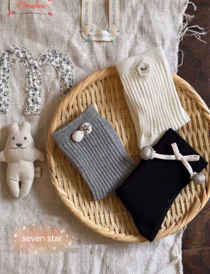 Bow-knot and buttons girls Crew Socks(3 pairs)