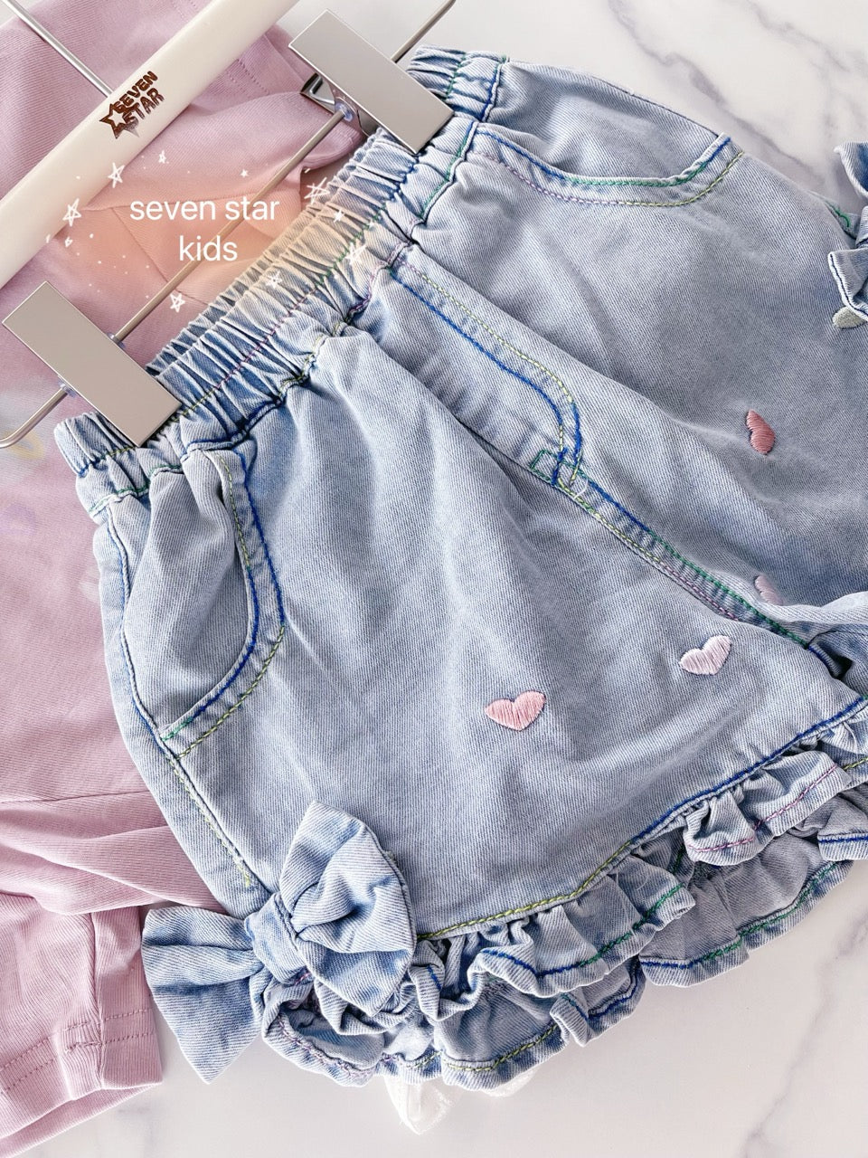 Hearts Embroidery Denim Shorts