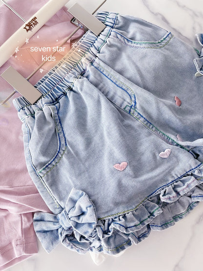 Hearts Embroidery Denim Shorts