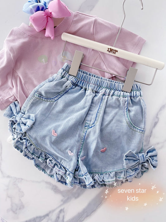 Hearts Embroidery GIRL Denim Shorts