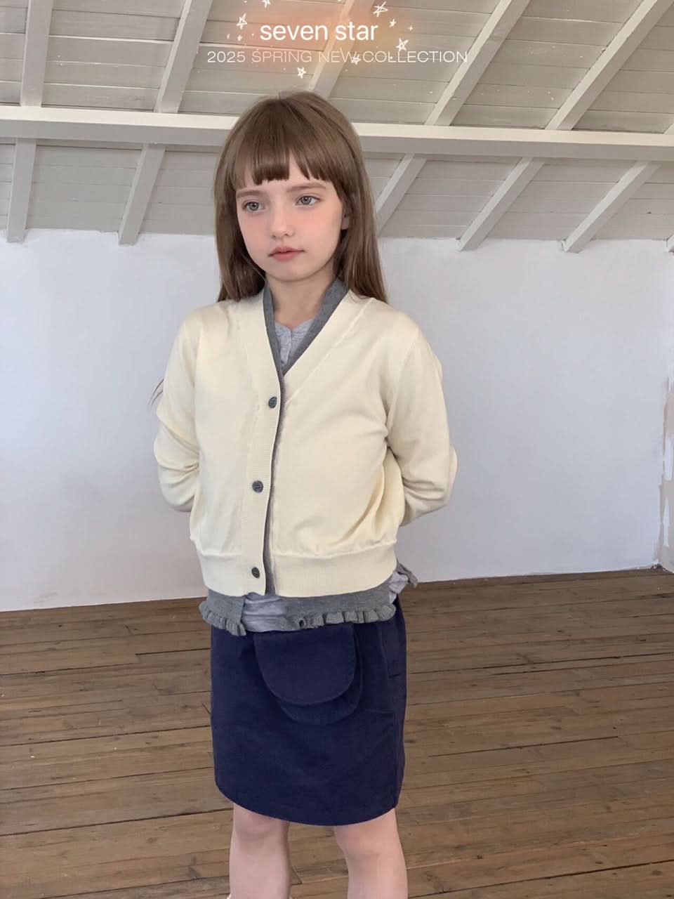 White V-neck Cardigan With Grey Decorated Layer