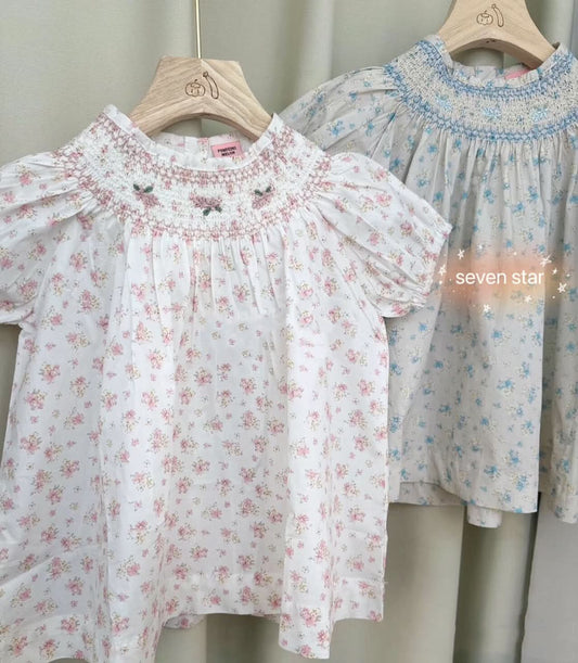 Pink Short Sleeve Smocked girls Dress