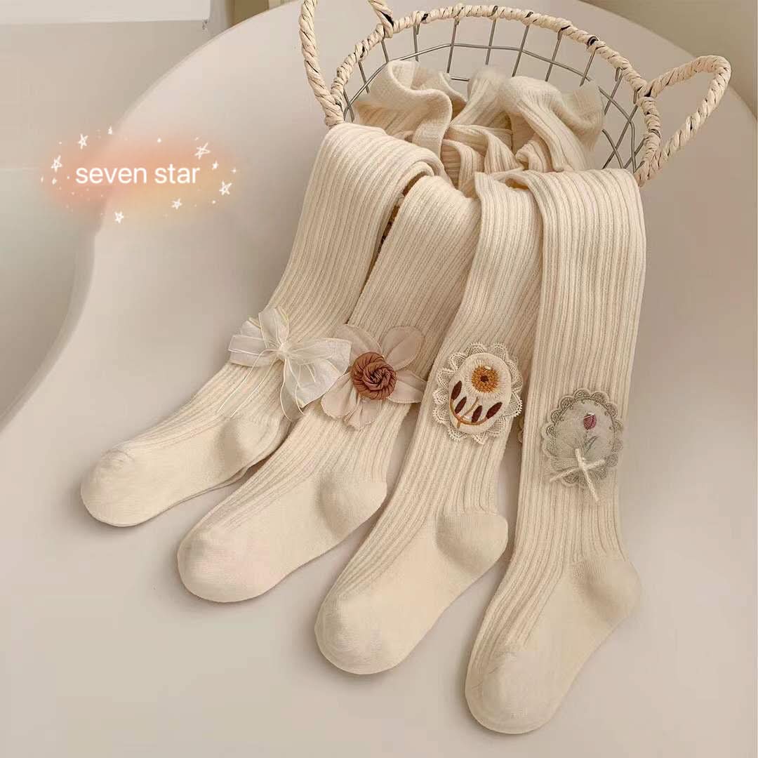 girls Ribbed Tights with Bow-knot/ Flower