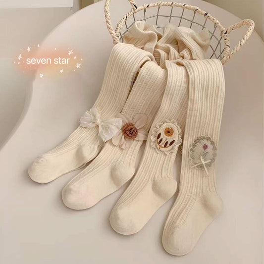 girls Ribbed Tights with Bow-knot/ Flower