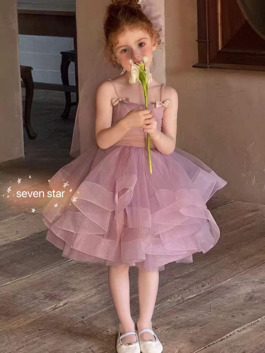 Ribbon Bow Tulle girl Dress Purple