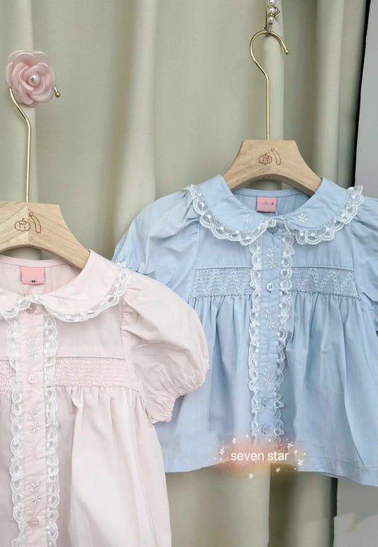 Short Sleeve girls Smocked Blouse