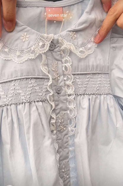 Short Sleeve Smocked Blouse-Blue