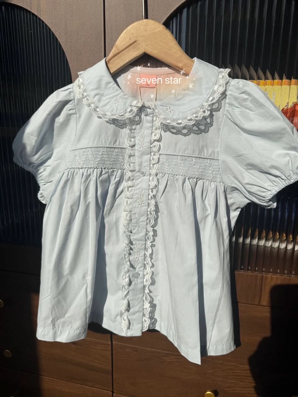 Short Sleeve Smocked Blouse-Blue