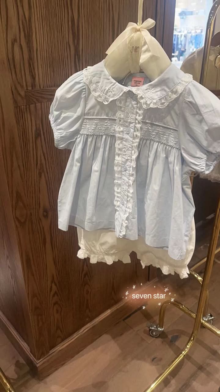 Short Sleeve Smocked Blouse-Blue