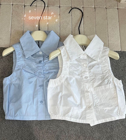 Sleeveless Pleated Blouse—Blue