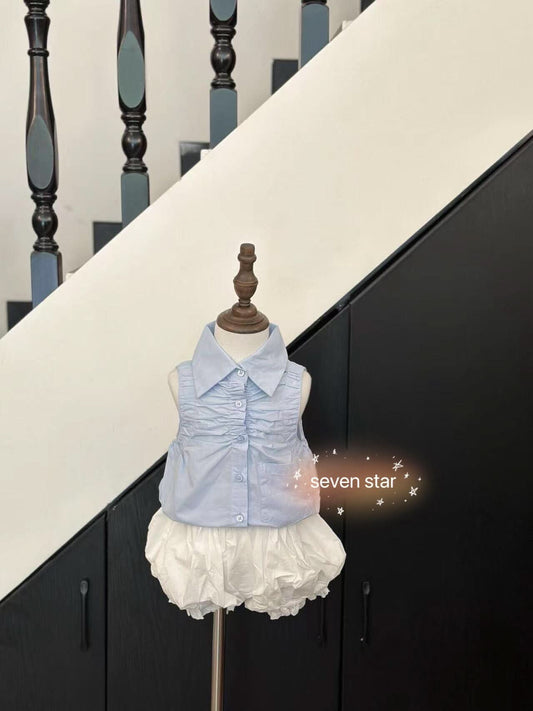 girls Sleeveless Pleated Blouse—Blue