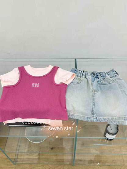 Two Pieces Short Sleeve T-Shirt-Pink
