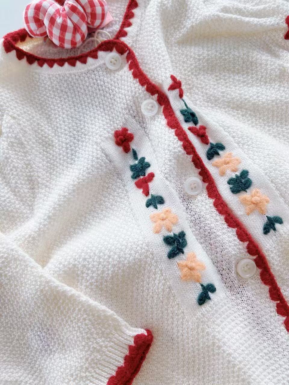 White Cardigan Embroidered Flower Long Sleeve Sweater