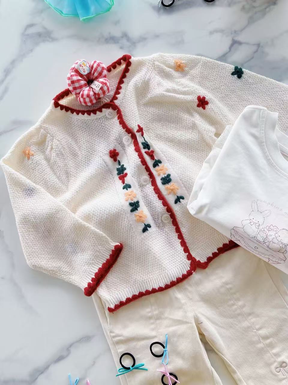 White Cardigan Embroidered Flower Long Sleeve Sweater